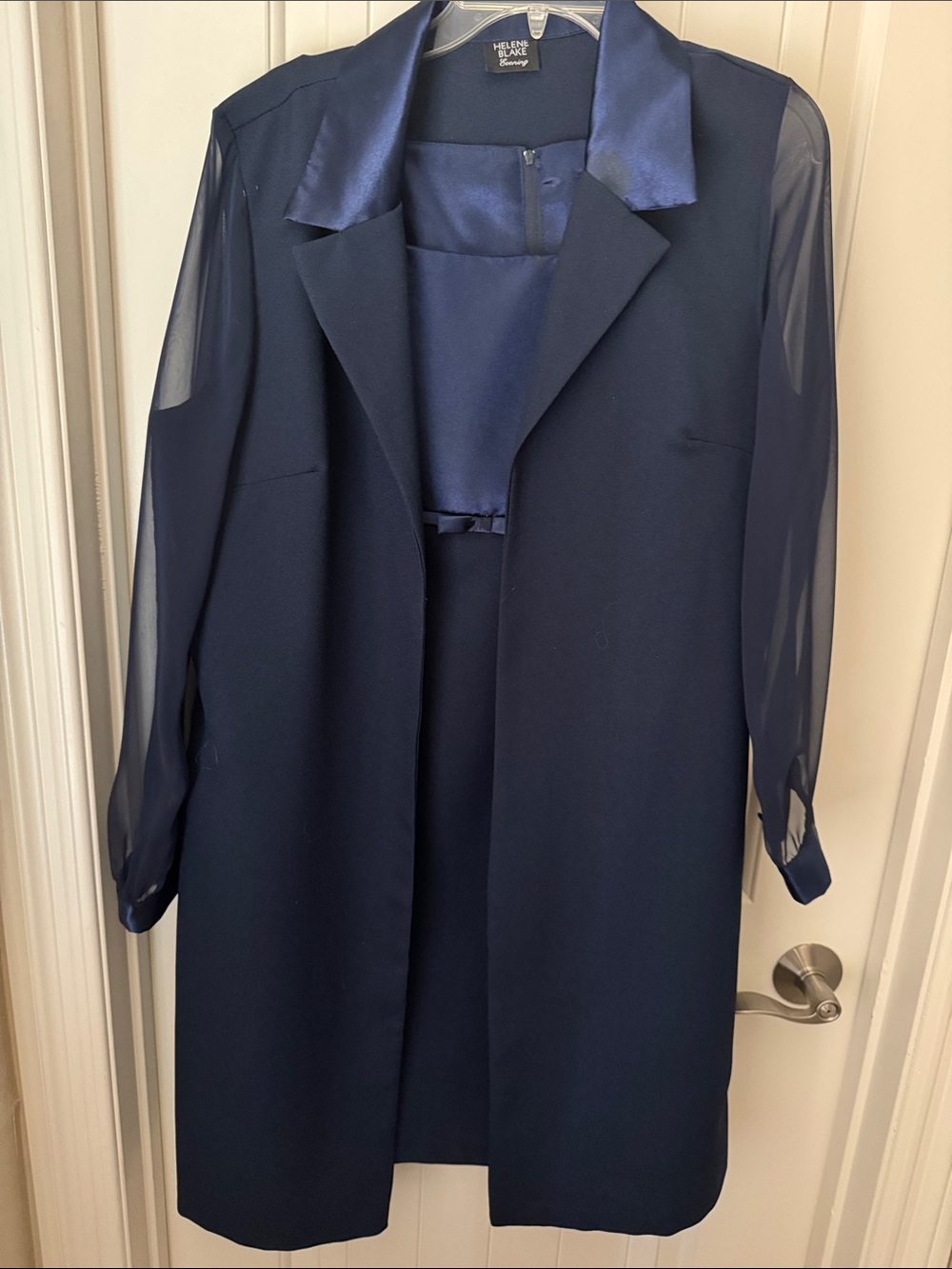 HELENE BLAKE EVENING 2pc Navy Dress & Long Sheer Sleeve Coat Sz 14p